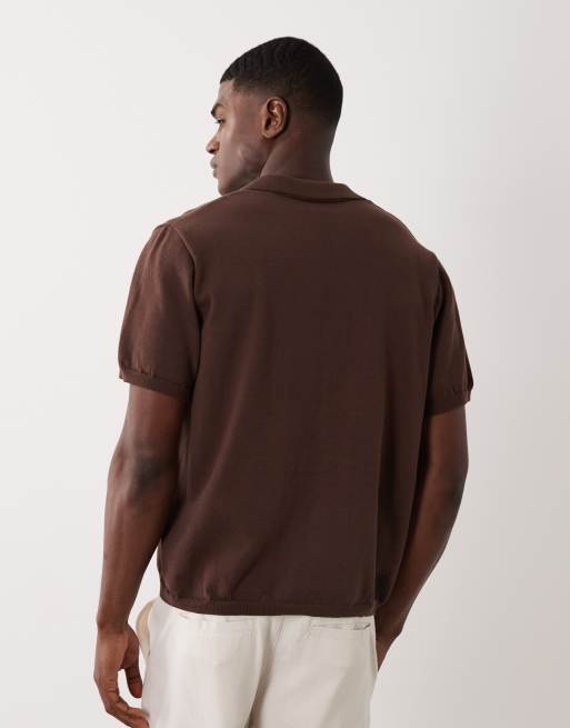 ASOS DESIGN oversized knitted short sleeve notch neck polo with flower embroidery in brown, 4 of 5