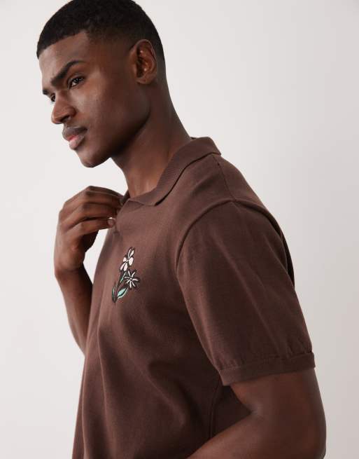 ASOS DESIGN oversized knitted short sleeve notch neck polo with flower embroidery in brown, 5 of 5