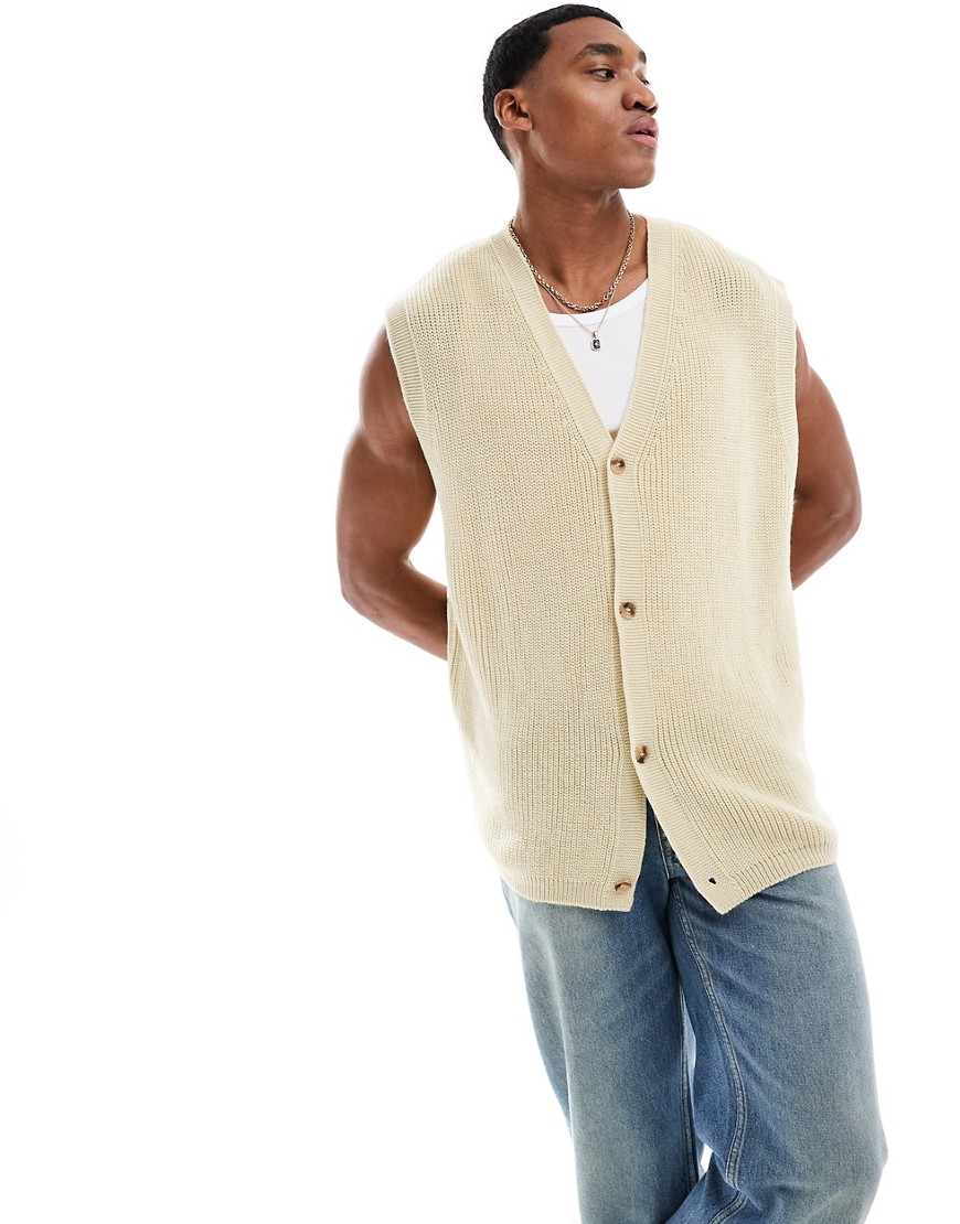 ASOS DESIGN oversized knitted sleeveless rib cardigan in stone-Neutral