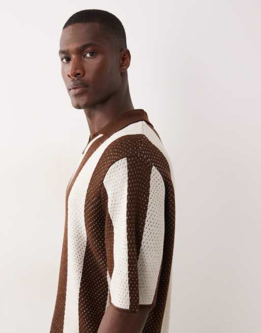 ASOS DESIGN oversized knitted stripe notch in brown and ecru, 4 of 5