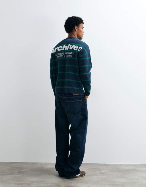 ASOS DESIGN oversized knitted striped jumper with back print in blue, 2 of 5