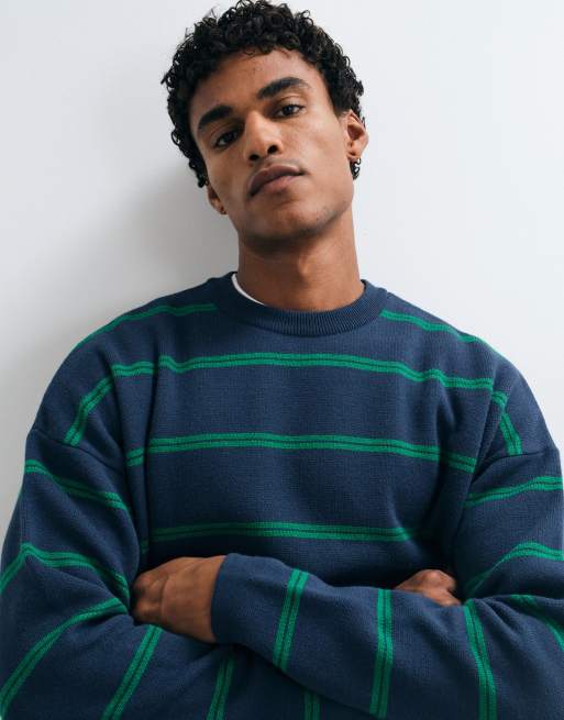 ASOS DESIGN oversized knitted striped jumper with back print in blue, 3 of 5