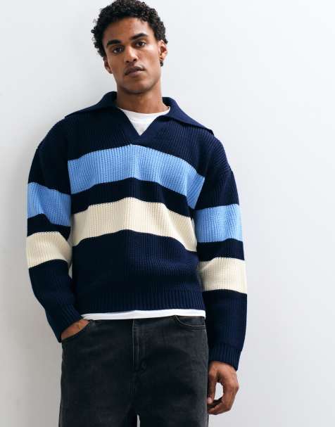 ASOS DESIGN oversized knitted striped notch neck in navy