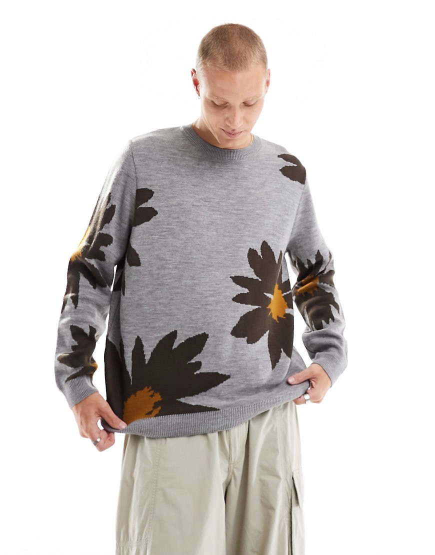 ASOS DESIGN oversized knitted sunflower crew jumper jumper in grey