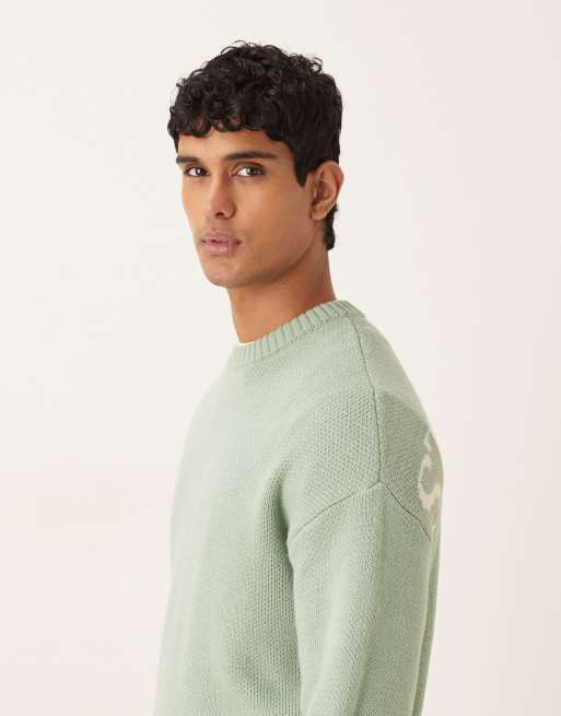 ASOS DESIGN oversized knitted sweater in sage with Stillness backprint, 4 of 5