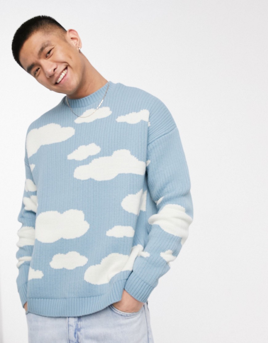 ASOS DESIGN oversized knitted sweater with cloud design-Blues