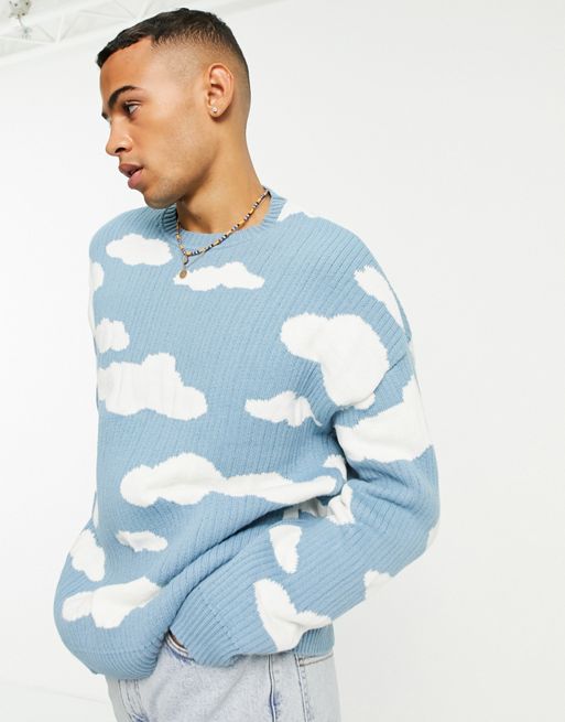 ASOS Knitted Oversized Jumper With Cloud Landscape Pattern in Blue