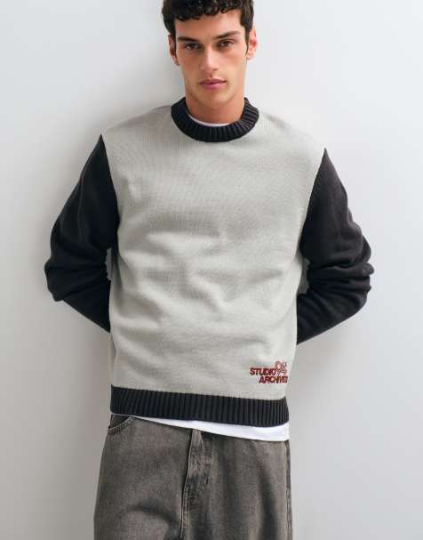 ASOS DESIGN oversized knitted sweater with contrast sleeves and graphic in gray - view 1
