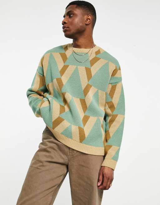 ASOS DESIGN oversized knitted sweater with geo design in green