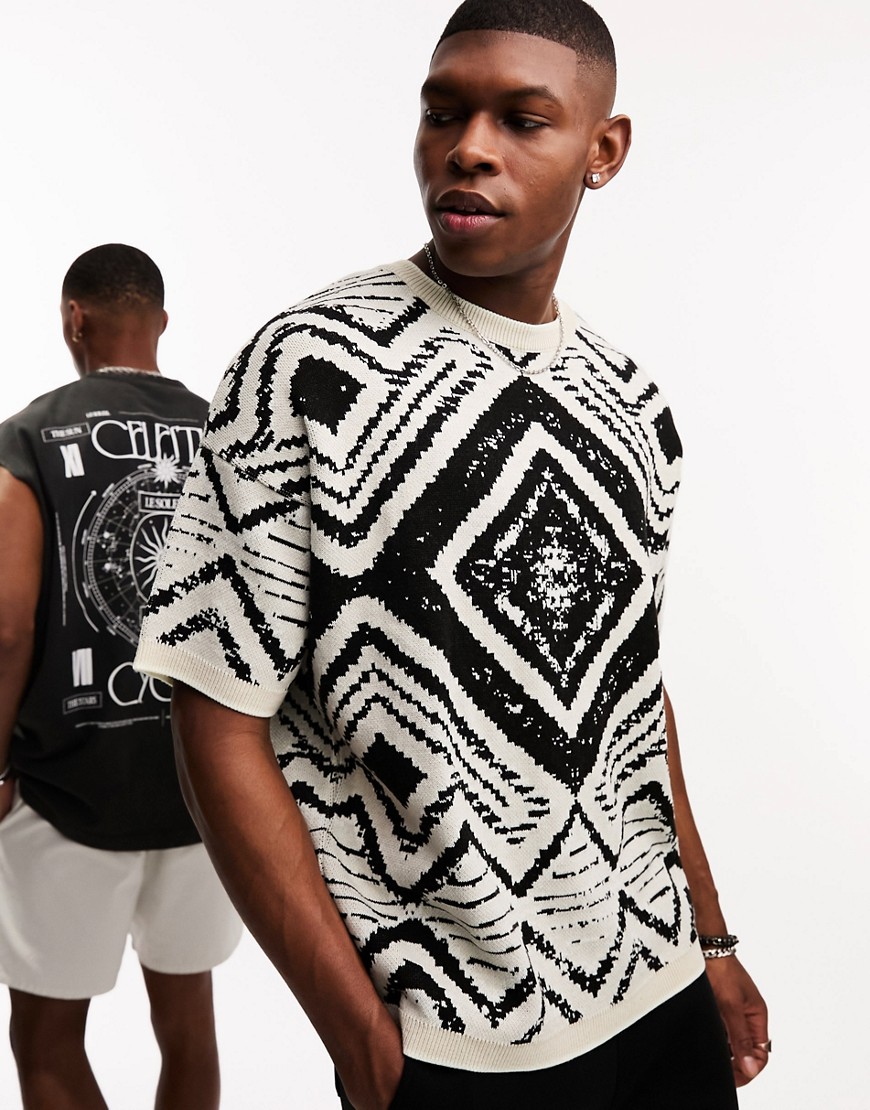 ASOS DESIGN oversized knitted t-shirt with aztec print in black