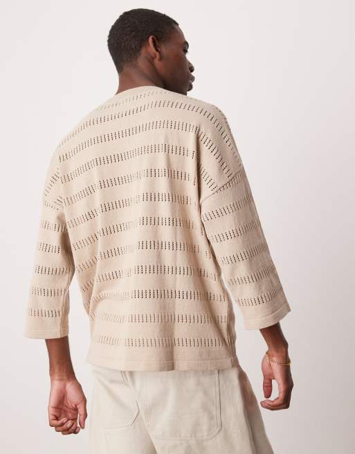 ASOS DESIGN oversized knitted t-shirt with stripe in ecru, 2 of 4