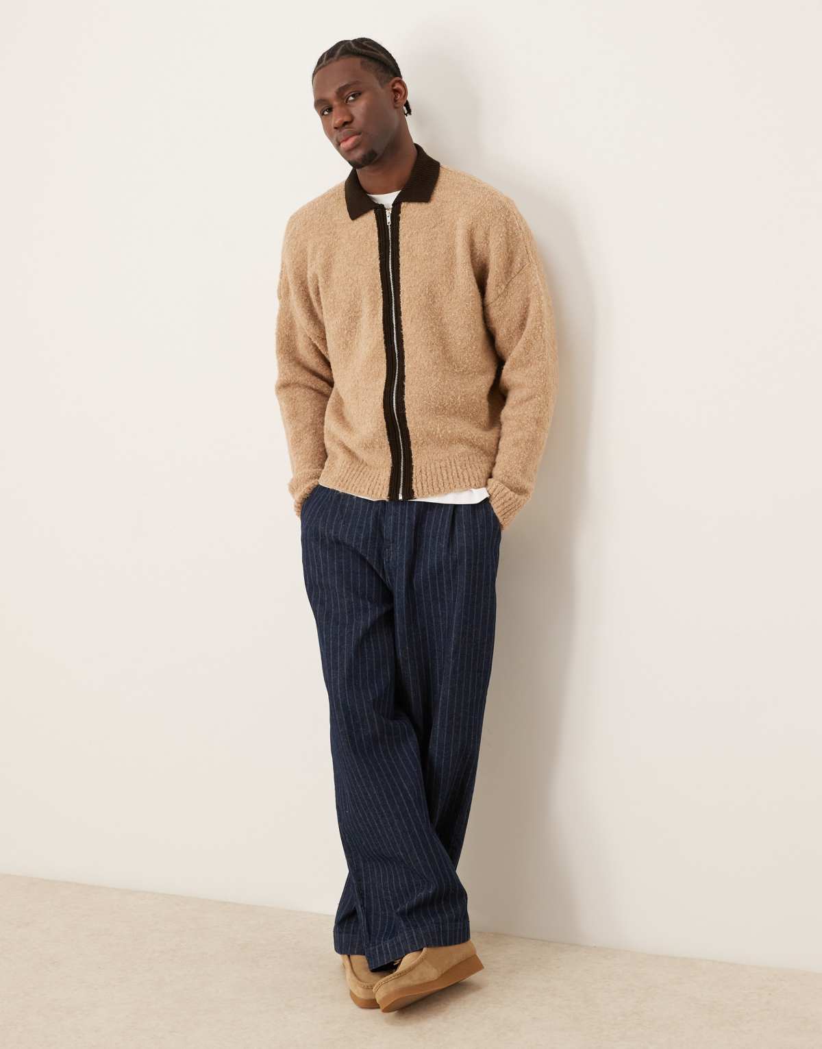 ASOS DESIGN oversized knitted textured contrast zip through in beige - BEIGE