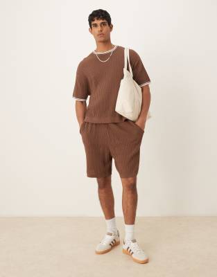 ASOS DESIGN oversized knitted textured t-shirt and shorts co-ord in brown - view 1