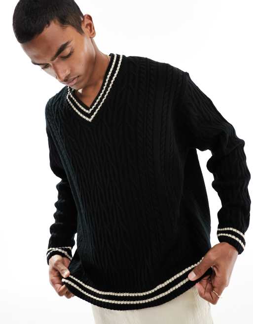 ASOS DESIGN oversized knitted v neck cricket jumper in black ASOS