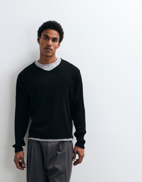 ASOS DESIGN oversized knitted v neck jumper in black rib - view 1