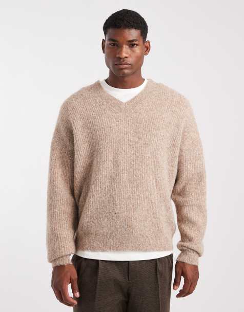 ASOS DESIGN oversized knitted v-neck wool blend jumper in beige - view 1