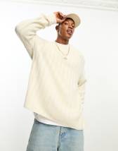 ASOS DESIGN oversized cable knit cricket jumper in brown with ecru