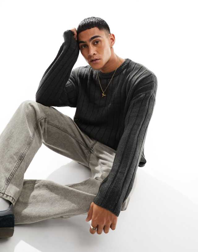 ASOS DESIGN - oversized knitted wide ribbed jumper in charcoal