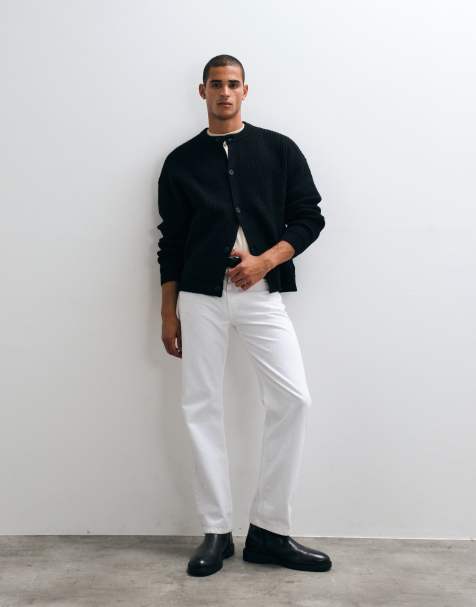ASOS DESIGN oversized knitted wool blend rib crew neck cardigan in black - view 1