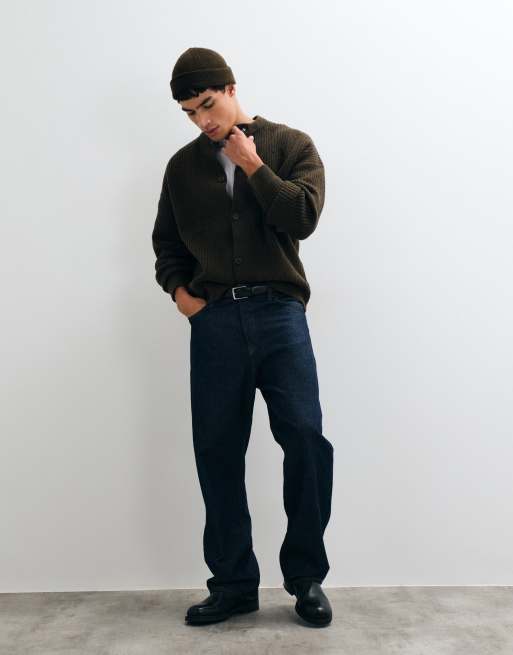 ASOS DESIGN oversized knitted wool blend rib crew neck cardigan in dark brown, 2 of 5