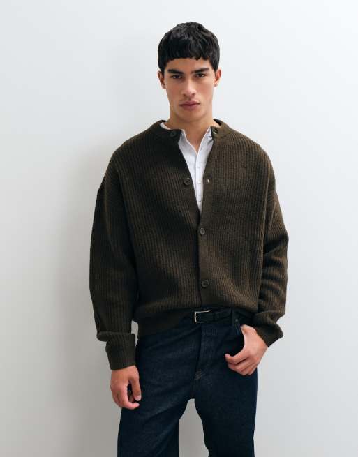 ASOS DESIGN oversized knitted wool blend rib crew neck cardigan in dark brown, 4 of 5