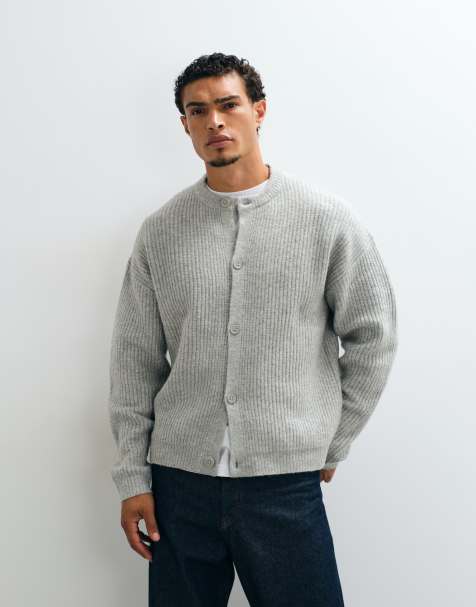 ASOS DESIGN oversized knitted wool blend rib crew neck cardigan in grey marl - view 1