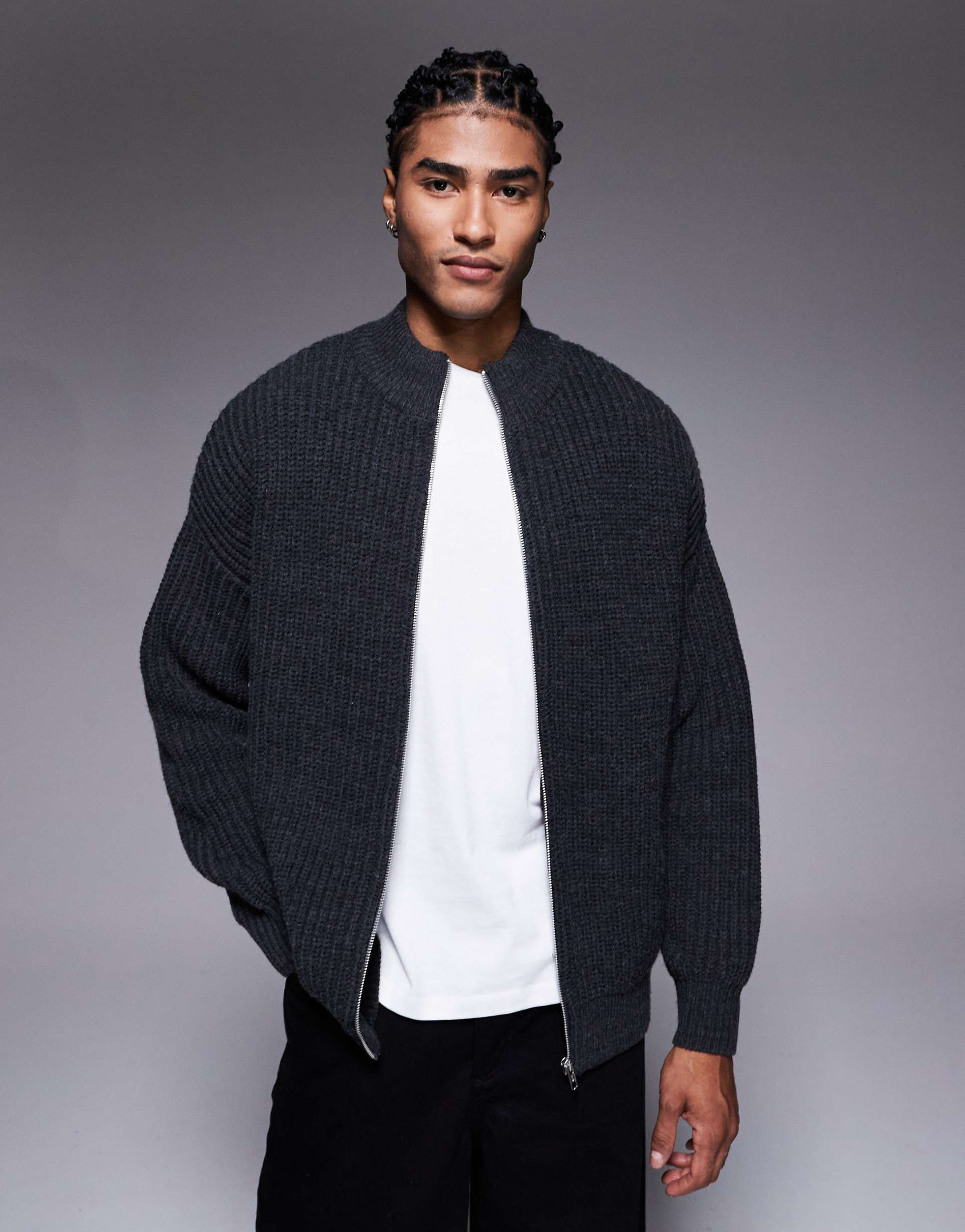 ASOS DESIGN oversized knitted zip through funnel neck cardigan in charcoal