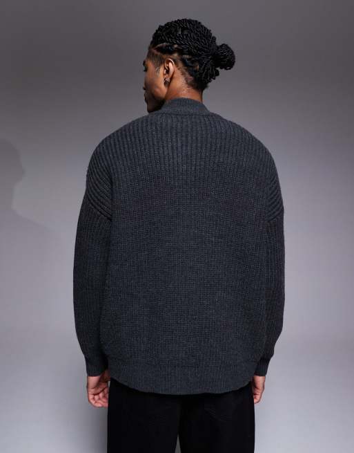 ASOS DESIGN oversized knit zip up funnel neck cardigan in charcoal