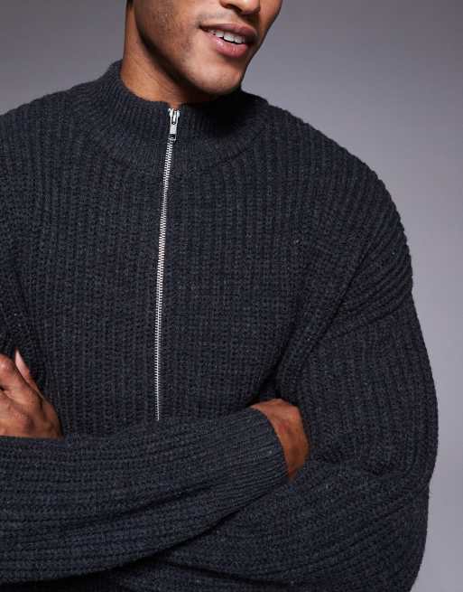 ASOS DESIGN oversized knit zip up funnel neck cardigan in charcoal