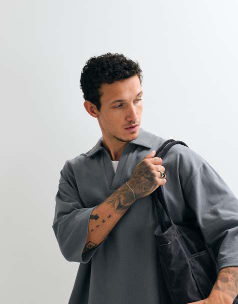 ASOS DESIGN - Oversized koksgrå poloskjorte i kraftigt stof med firkantet pasform og halve ærmer - view 1