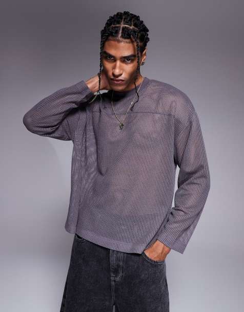 ASOS DESIGN - Oversized koksgrå T-shirt i åben mesh med lange ærmer, firkantet pasform og sænkede skuldre - view 1