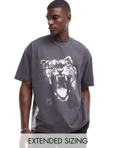 ASOS DESIGN - Oversized koksgrå T-shirt med tigerprint - view 1