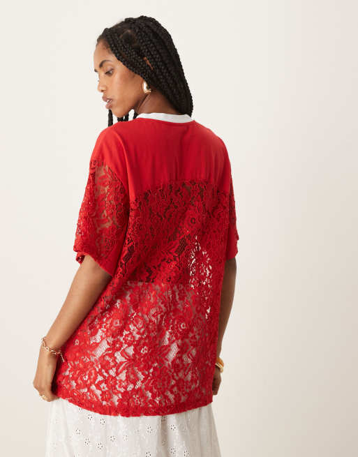 ASOS DESIGN oversized lace football shirt in 21 graphic in red, 4 of 4