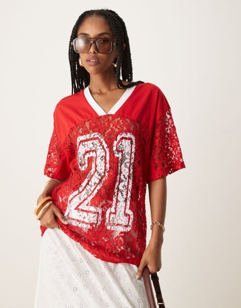 ASOS DESIGN oversized lace football style t-shirt in 21 graphic in red - view 1