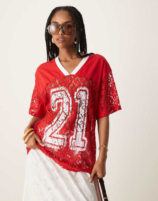 ASOS DESIGN oversized lace football style t-shirt in 21 graphic in red