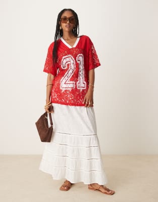 Asos Design Oversized Lace Football Style T-shirt In Red