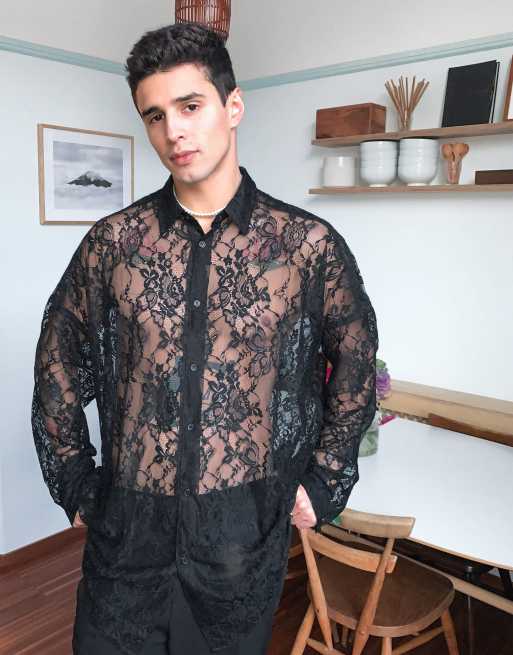 ASOS DESIGN oversized lace shirt in black