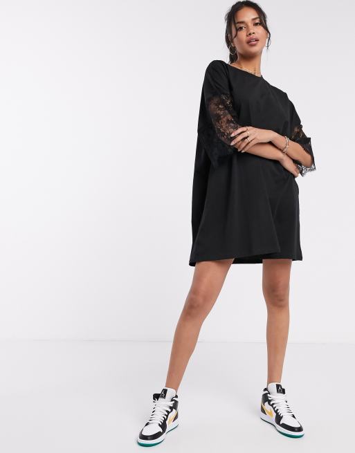 ASOS DESIGN oversized lace sleeve t shirt dress in black