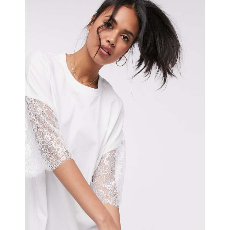 ASOS DESIGN oversized lace sleeve t-shirt dress in white | ASOS