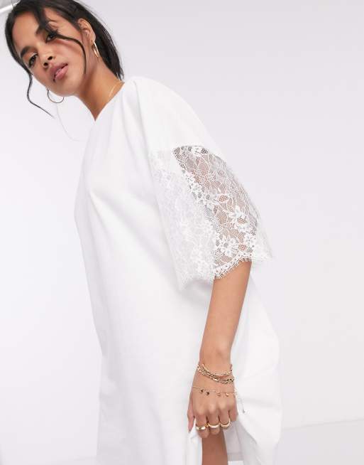 ASOS DESIGN oversized lace sleeve t-shirt dress in white | ASOS