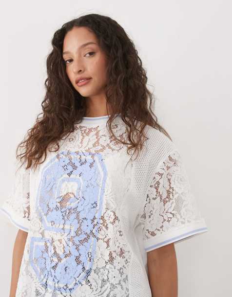 ASOS DESIGN oversized lace top with football graphic in white - view 1