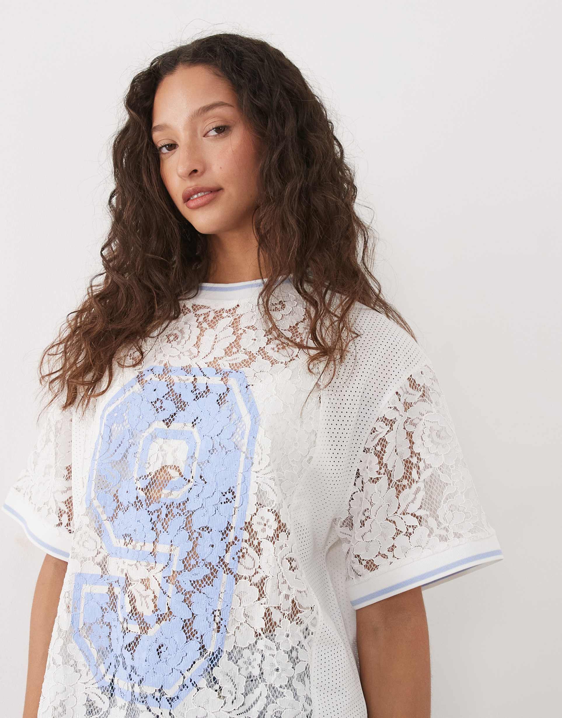 asos design oversized lace top with football graphic in white