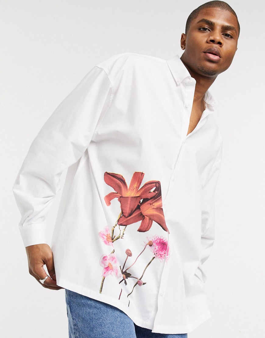 ASOS DESIGN - Oversized lang overhemd met bloemenprint in wit