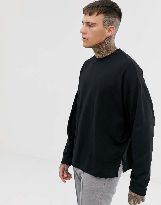 ASOS DESIGN - Oversized lang T-shirt met lange mouwen en zijsplits in zwart
