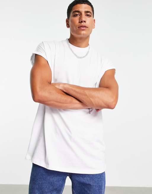 ASOS DESIGN - Oversized lang T-shirt met ronde hals en omgeslagen mouwen in wit