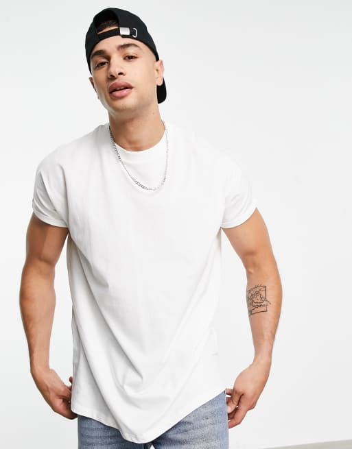 ASOS DESIGN - Oversized lang T-shirt met ronde hals en omgeslagen mouwen in wit