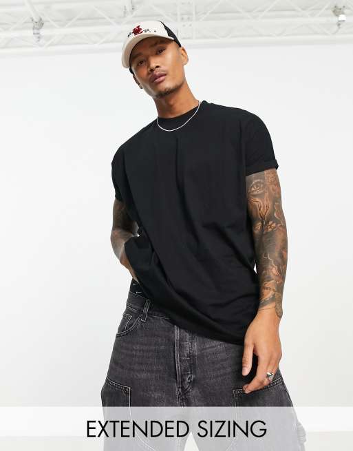 ASOS DESIGN - Oversized lang T-shirt met ronde hals en omgeslagen mouwen in zwart