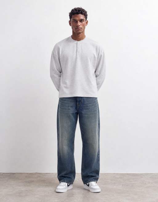 ASOS DESIGN oversized langärmliges Henley-T-Shirt in grauem Melange-Waffelstrick, 9 von 10