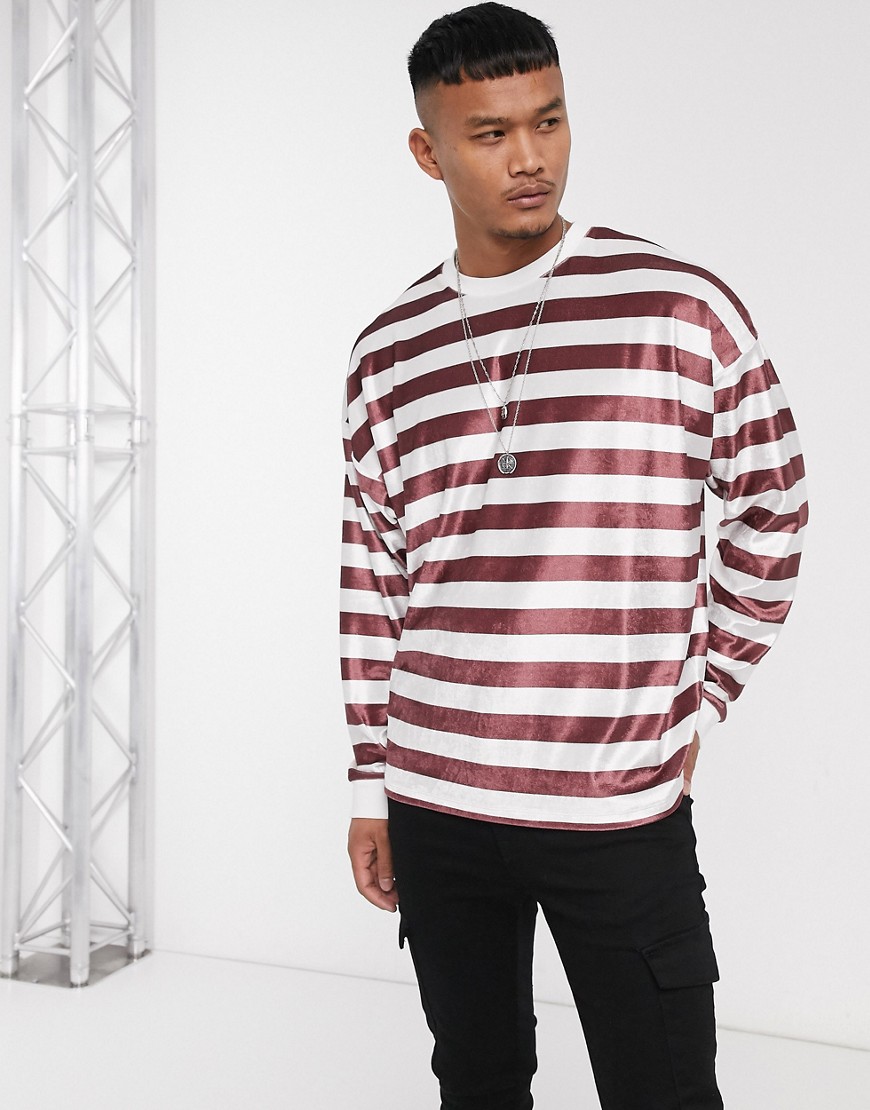ASOS DESIGN – oversized langærmet og stribet T-shirt i velour-Rød