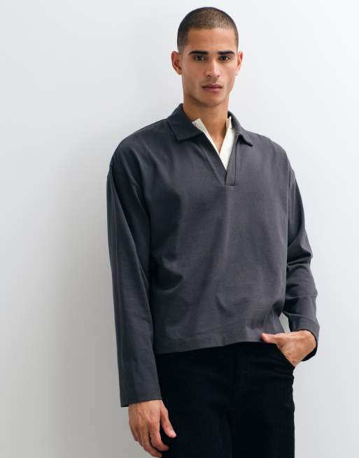 ASOS DESIGN oversized langærmet polo med reverskrave i kulgrå, 2 af 5